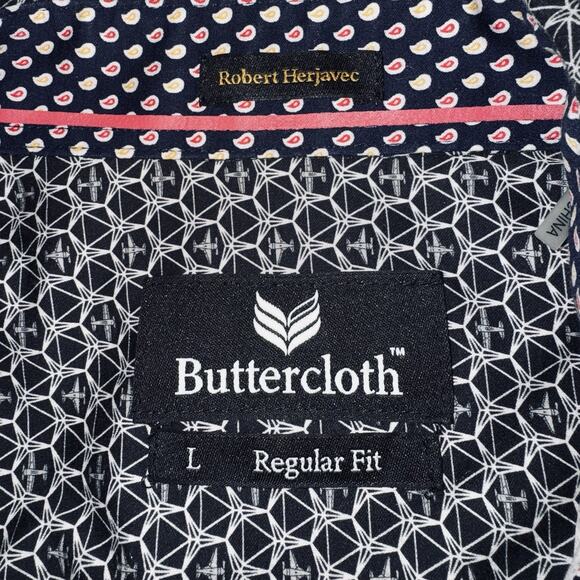 Buttercloth Shirt Men LG Robert Herjavec Geometric Aviation Flip Cuff Blue Plane - Picture 6 of 8